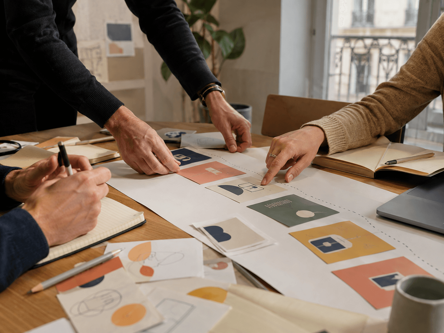 Des mains collaborent autour d’un support de sensibilisation cyber